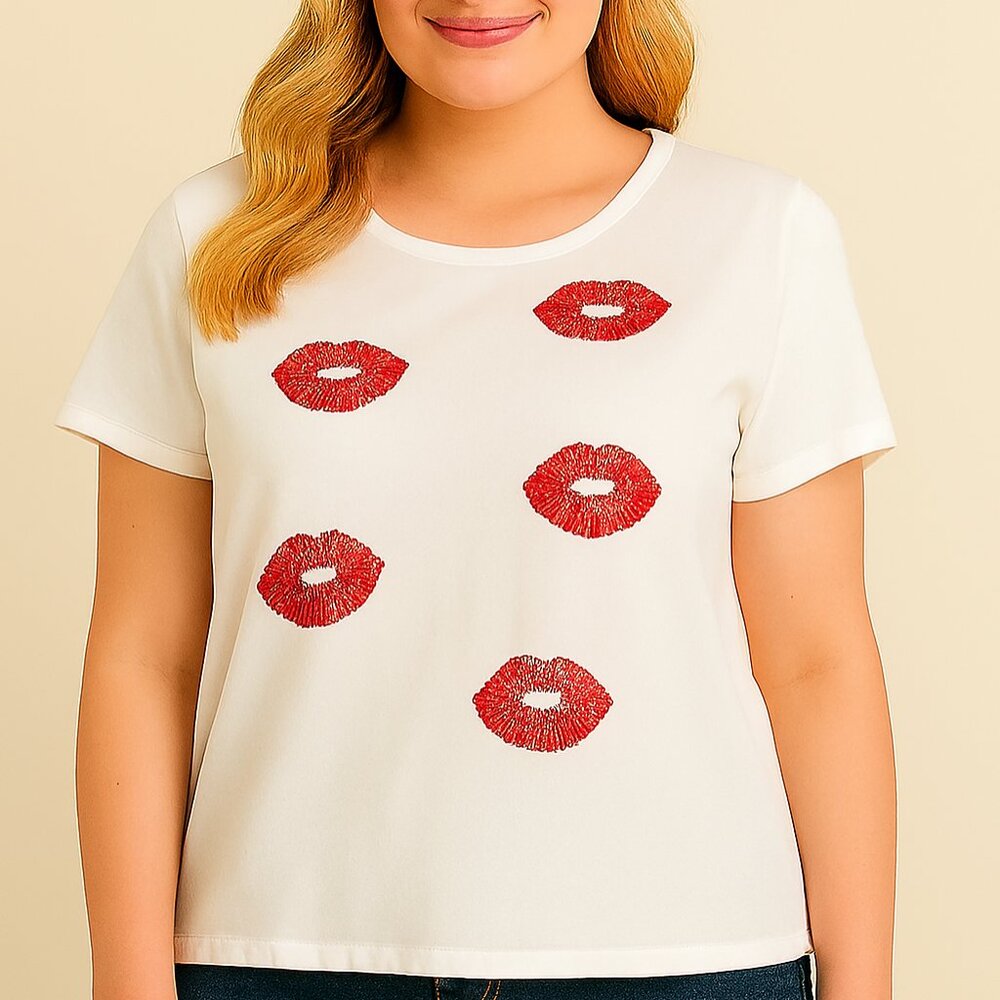 Red Lip Rhinestone Print Tee Kiss Graphic | Flirty & Fun Statement Top Size XL
